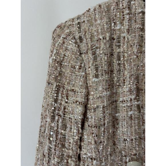L'Agence Blazer Jacker 12 Womens Tan Beige Gold Open Front Tweed Pattern - Picture 4 of 14